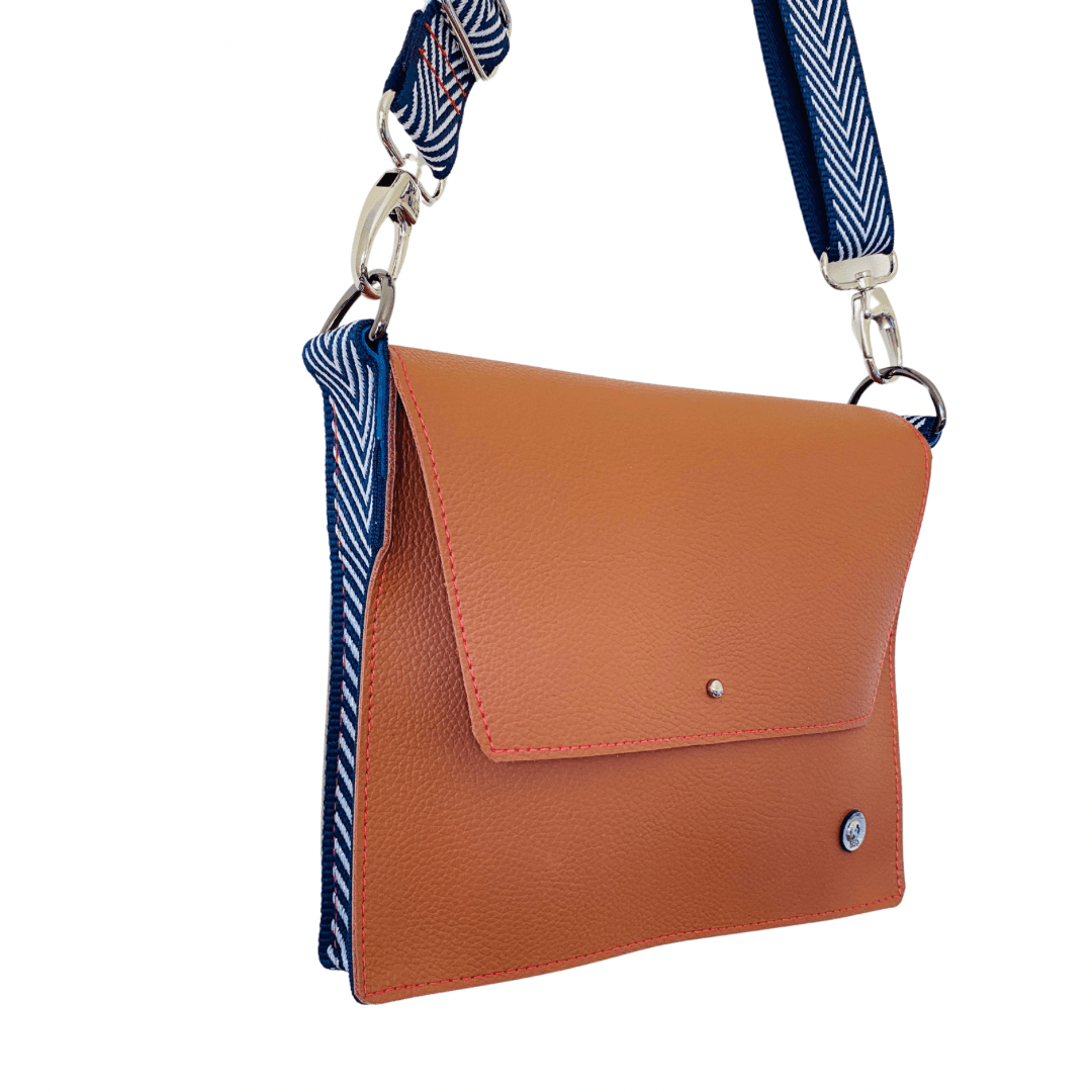 ALLY Leather Crossbody bag - Midi - Camel Navy Chevron