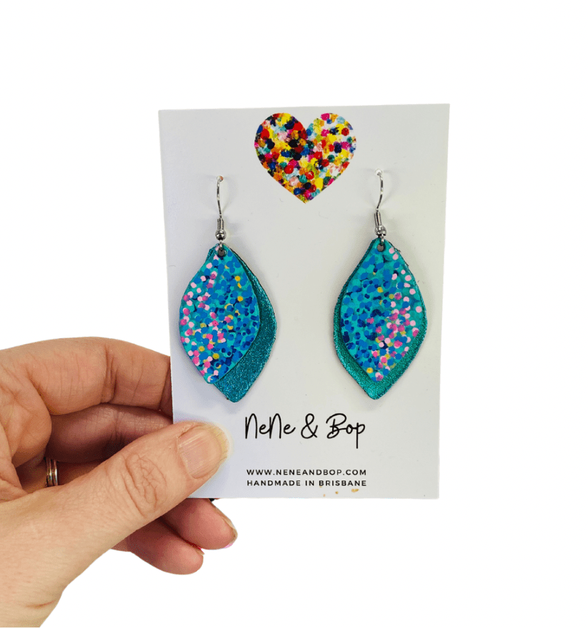 Pointillism Leaf - Rainbow - Leather Earrings