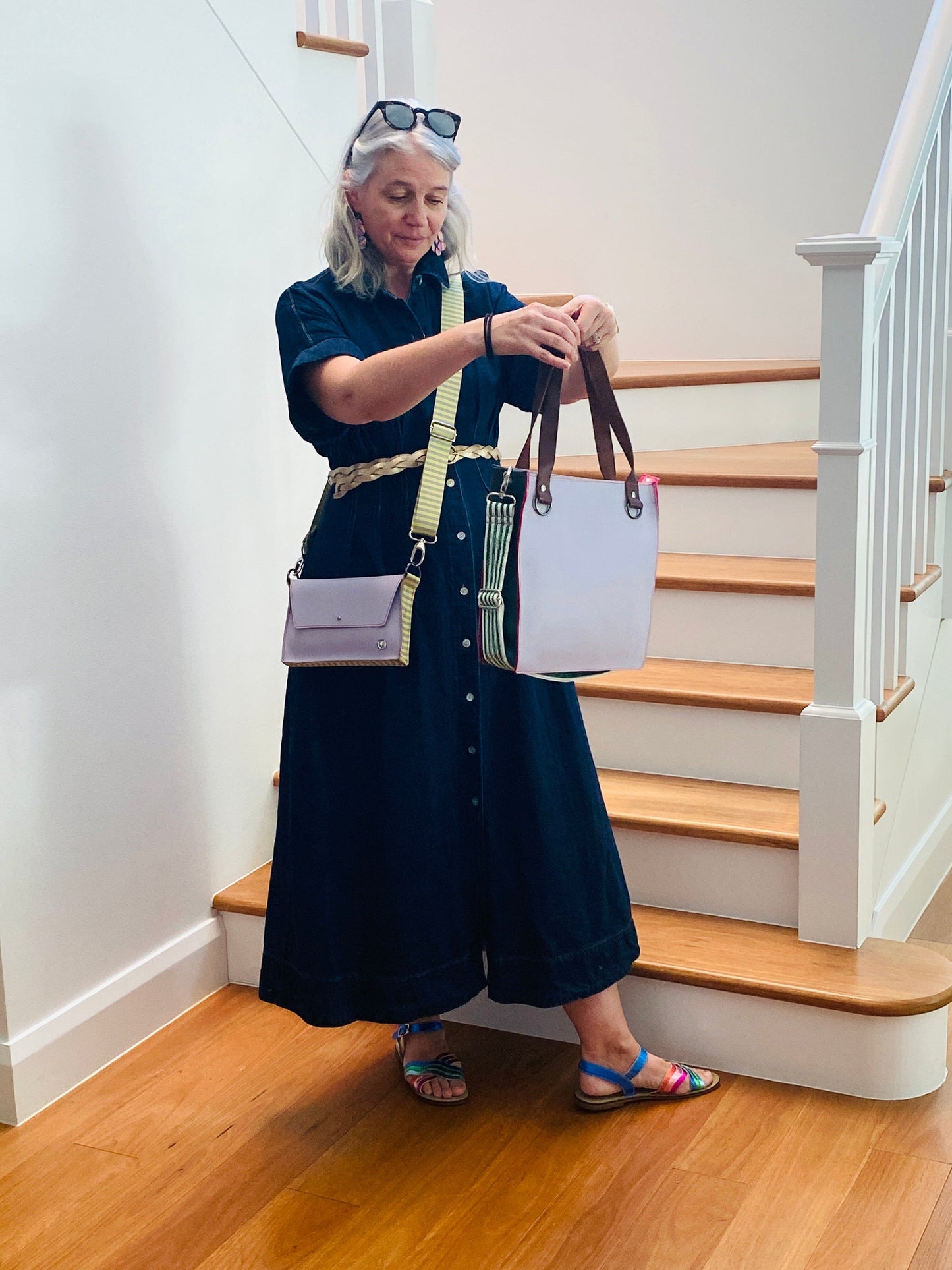 The Everyday Zipper Leather Tote - Lilac/Bottle Green