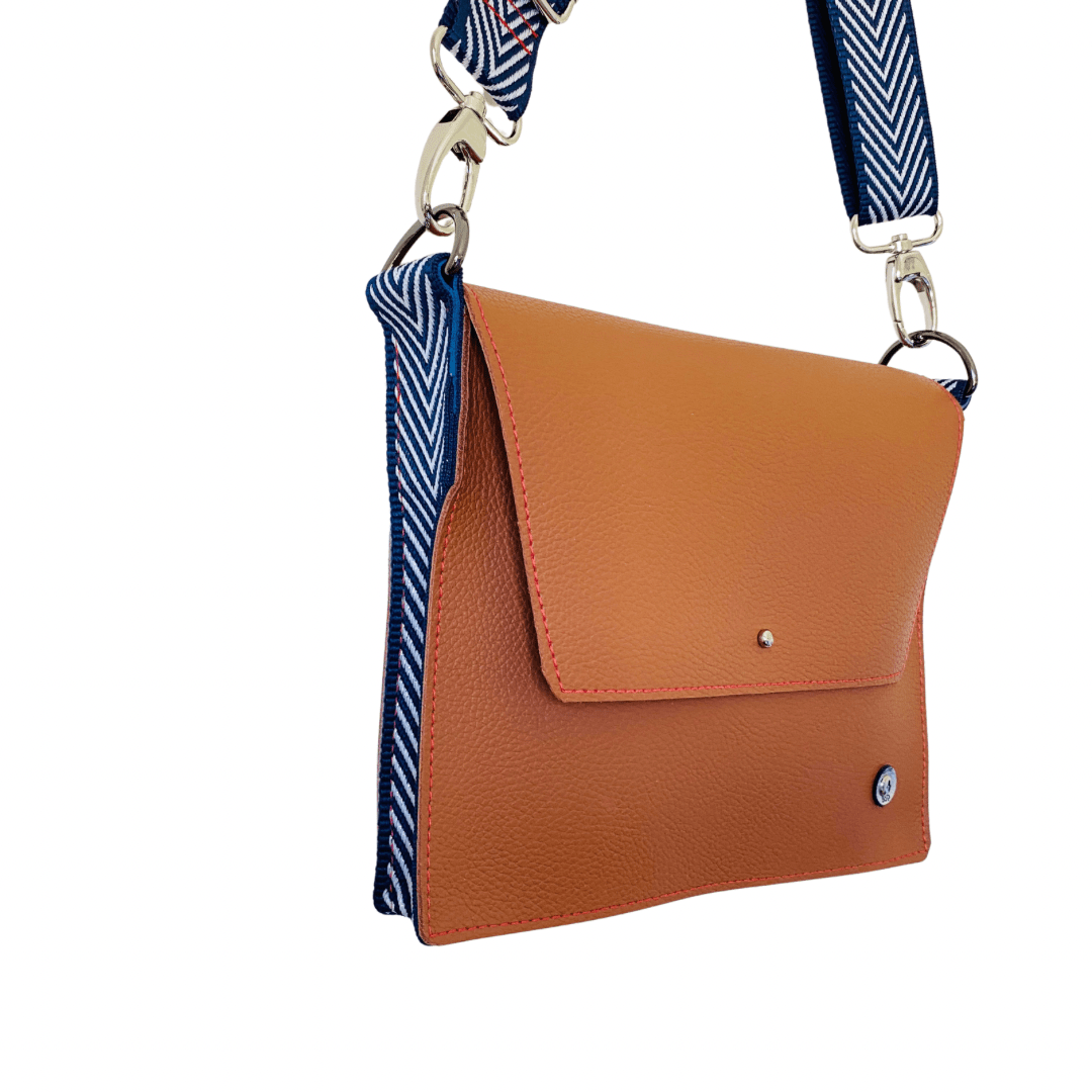 ALLY Leather Crossbody bag - Midi - Camel Navy Chevron