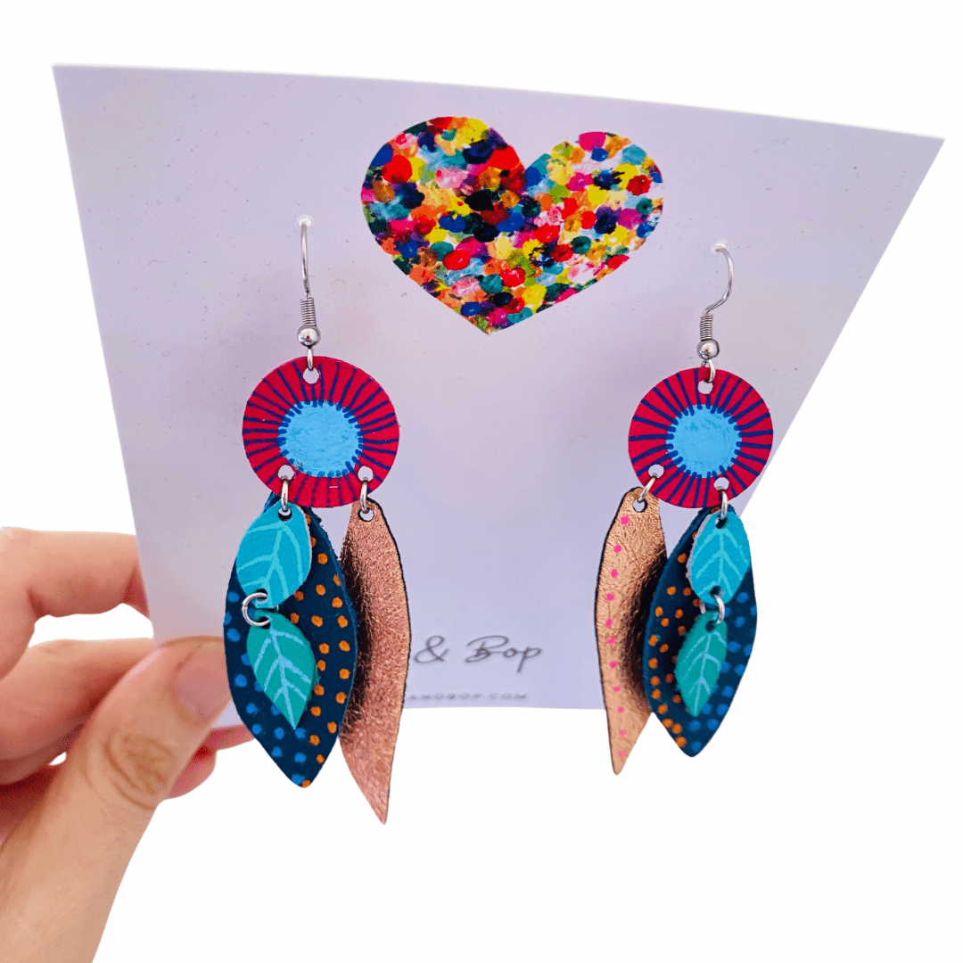 Bud and Leaves - Rose Gold - Leather Earrings