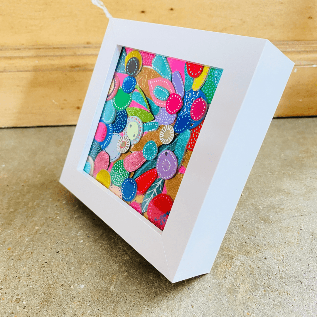 Leather collage - Box Frame - Rainbow Circles