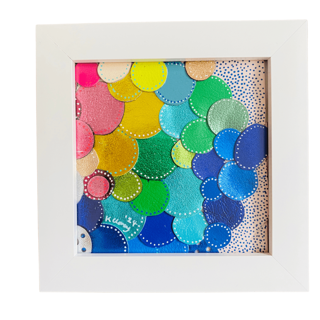 Leather collage - Box Frame - Rainbow Circles