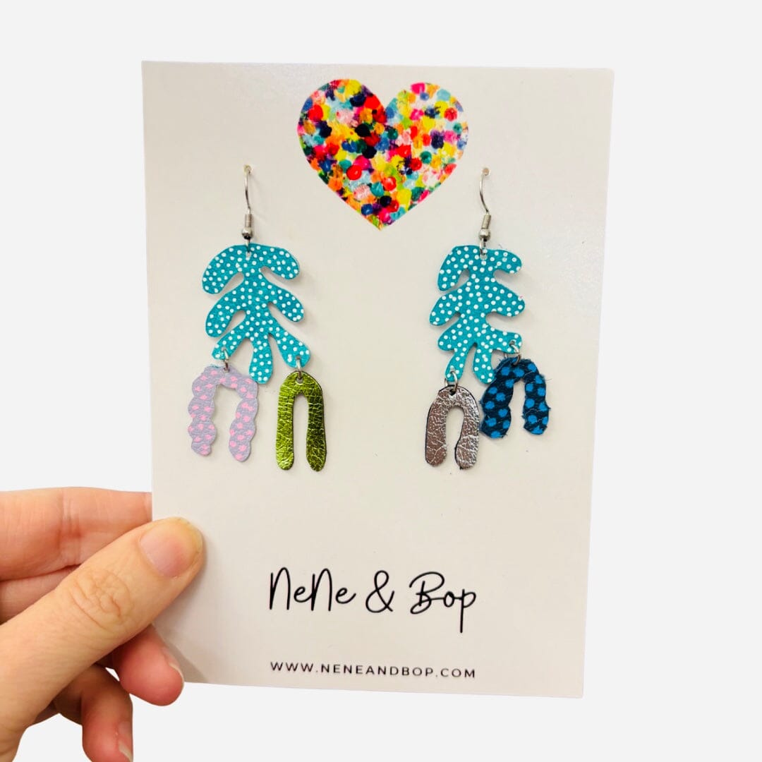 Organic Coral Collage - Aqua - Leather Earrings