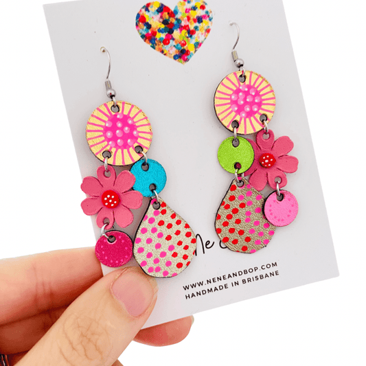 Bouquet of Blooms - Midi Pink- Leather Earrings