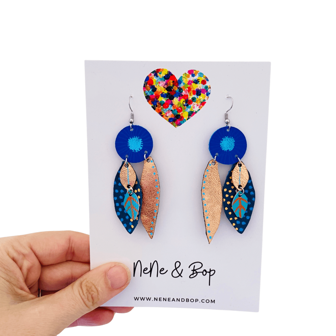 Bud and Leaves - Rose Gold Blue - Leather Earrings