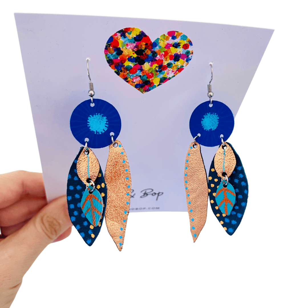 Bud and Leaves - Rose Gold Blue - Leather Earrings