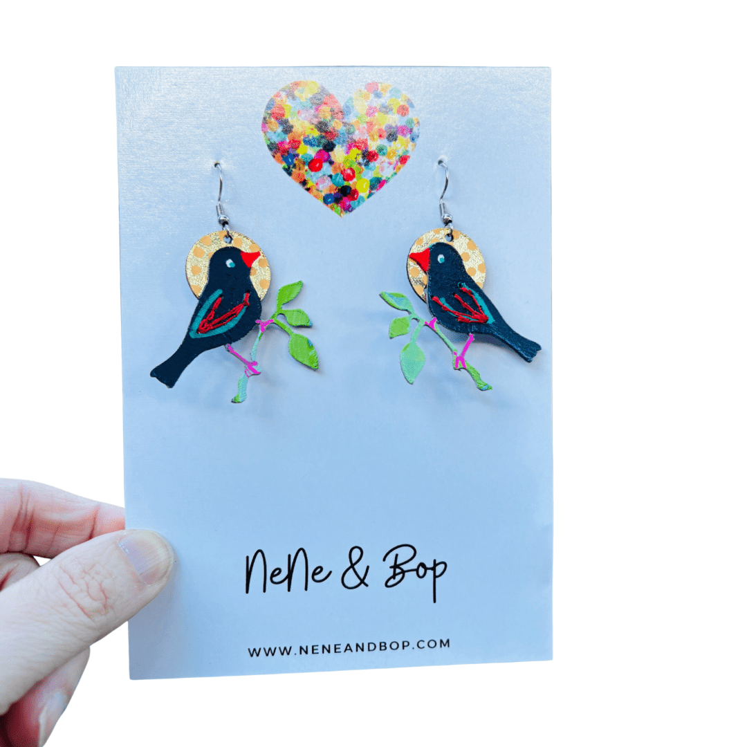 Hand-painted Bird on a Branch with Stitched Wing