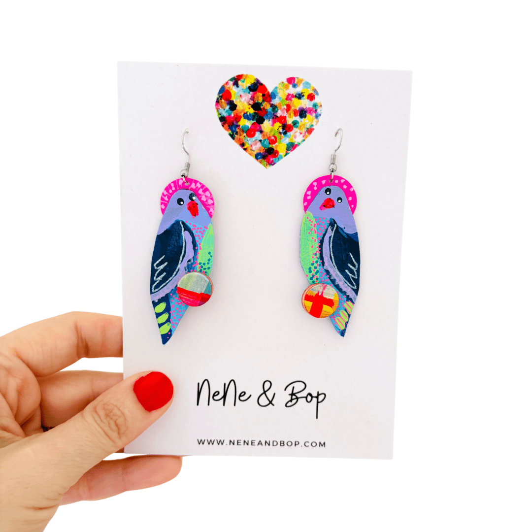 Hand-painted Parrot Dangles with Stitched Beak