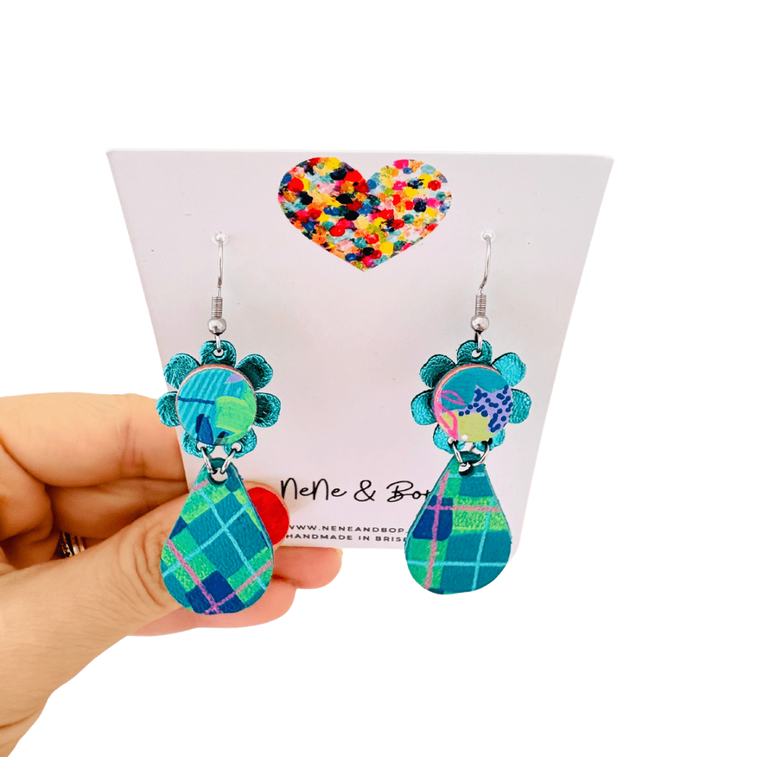 Plaid Petals Hand Painted Midi Drop Earrings - Teal