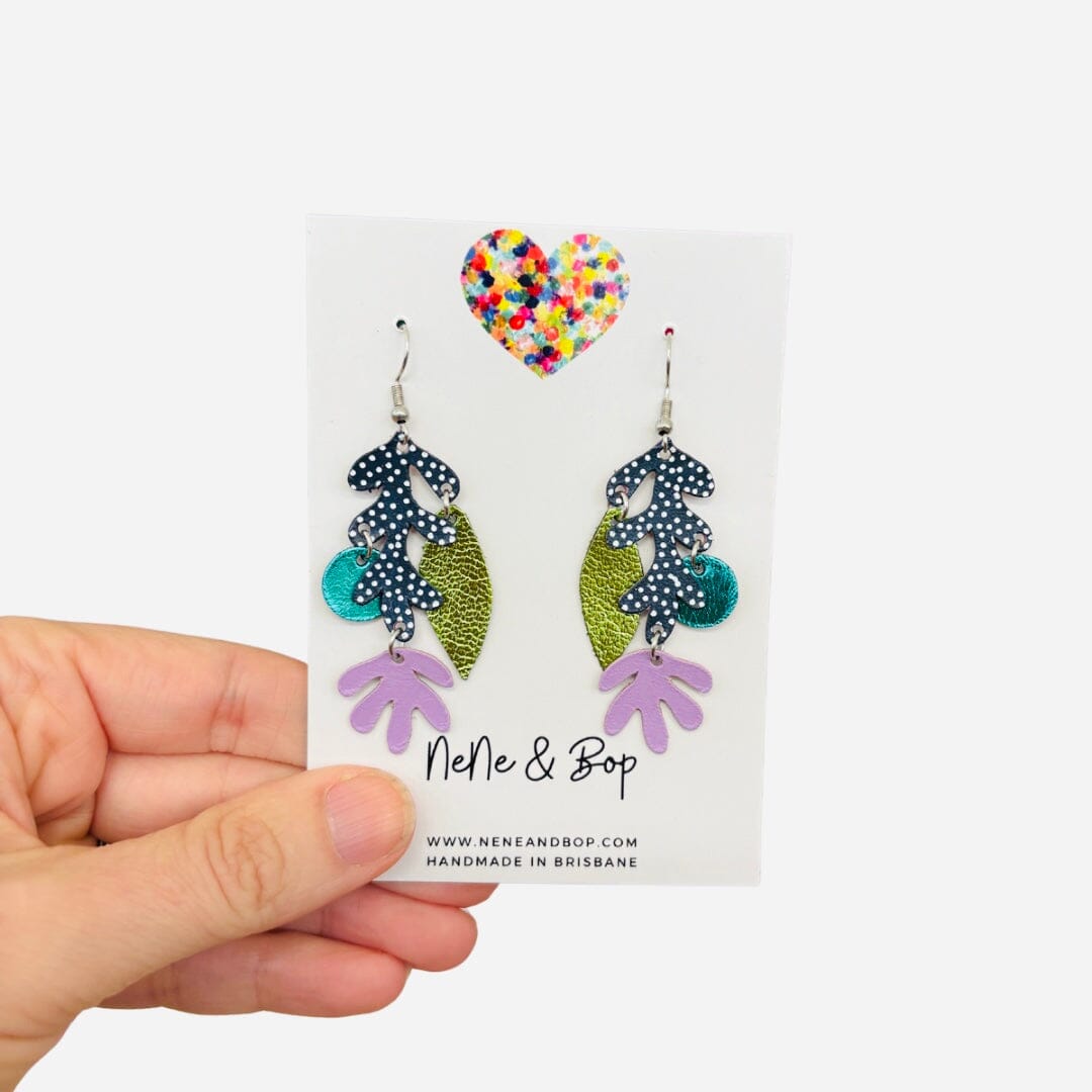 Organic Coral - Green/Navy Leaf - Leather Earrings