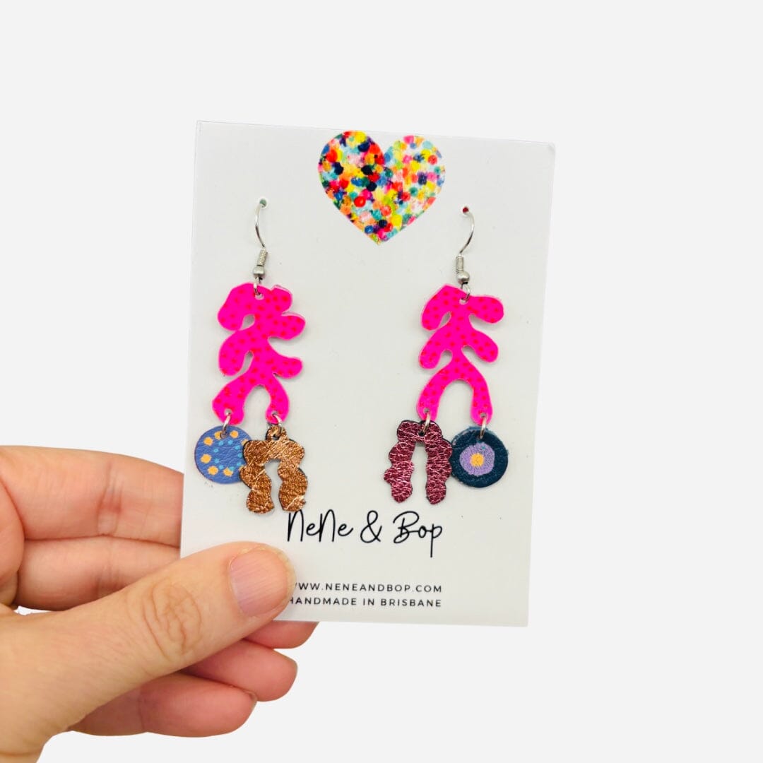 Organic Coral Collage - Pink/Lilac Spot - Leather Earrings