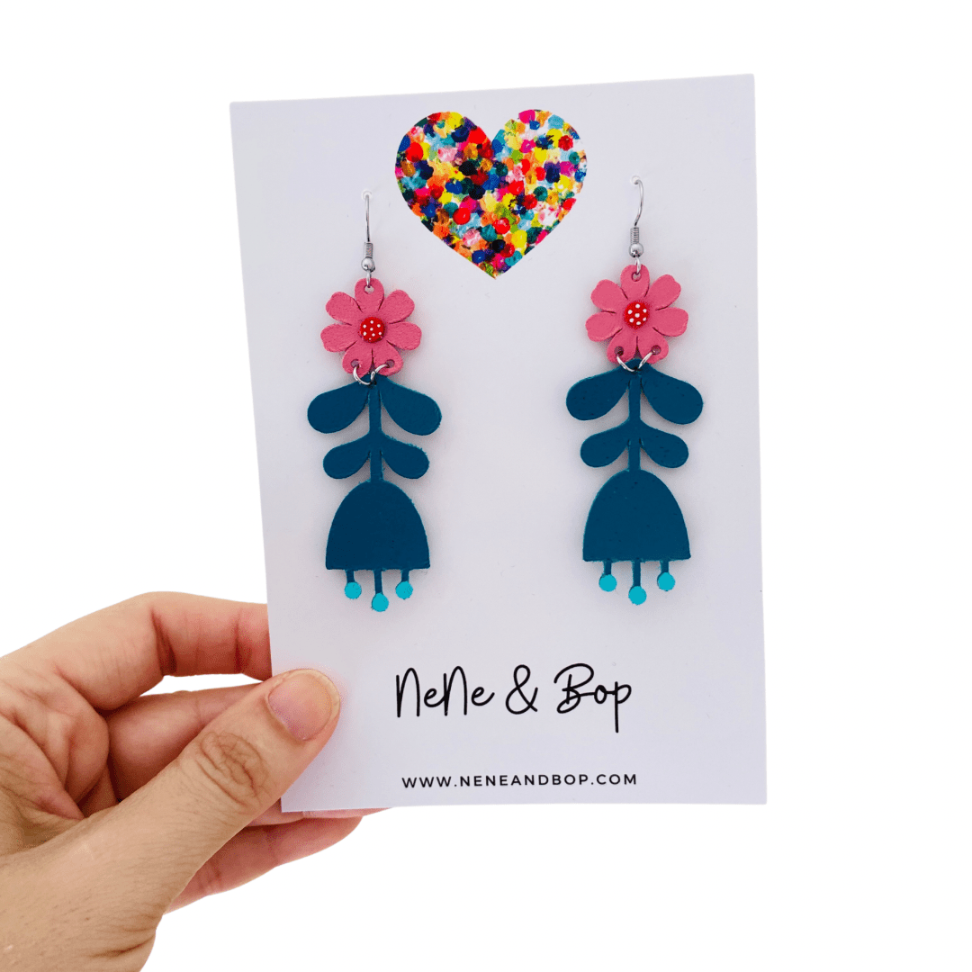 Flower Girls - Forest/Pink Leather Earrings