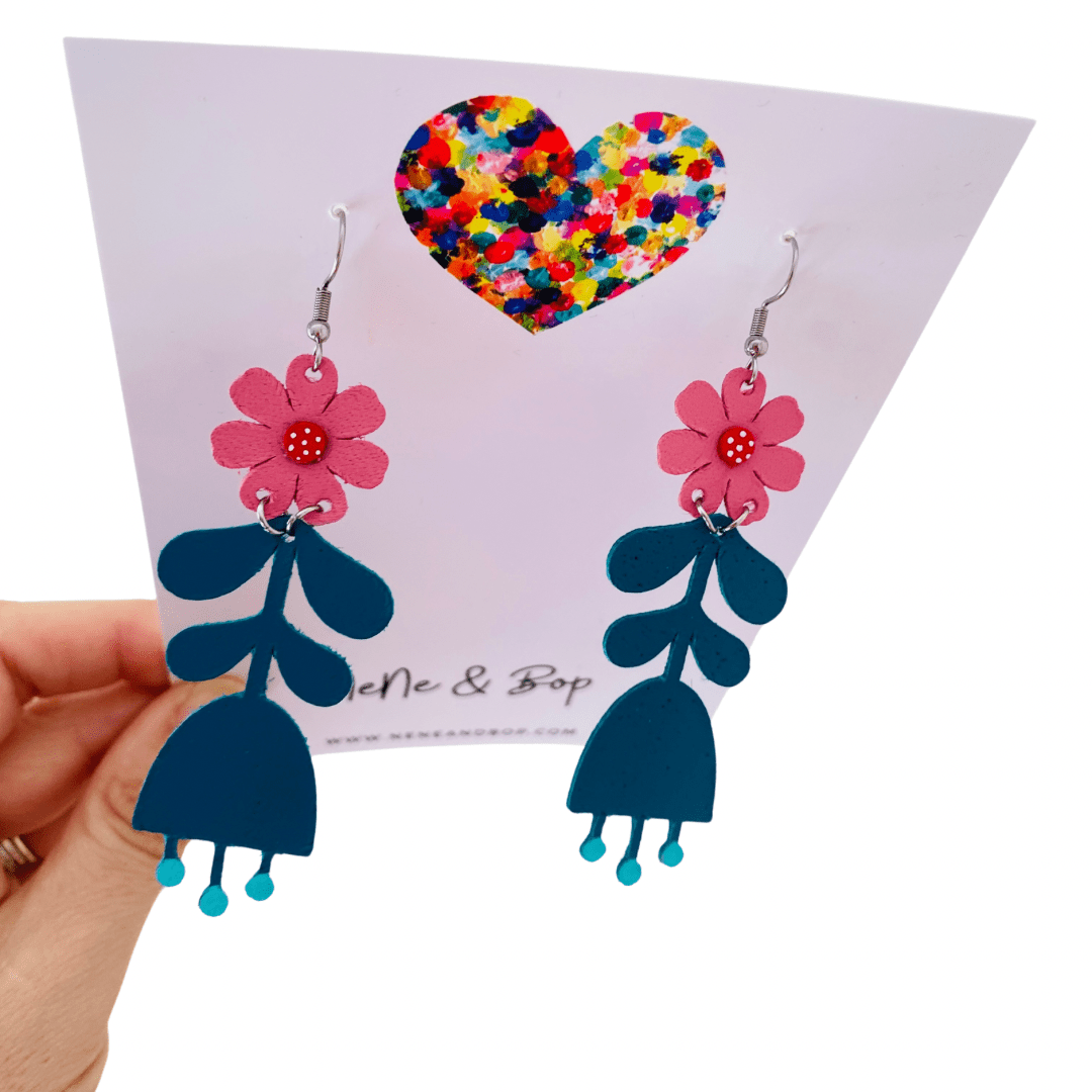 Flower Girls - Forest/Pink Leather Earrings