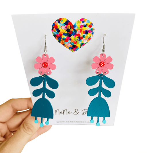 Flower Girls - Forest/Pink Leather Earrings