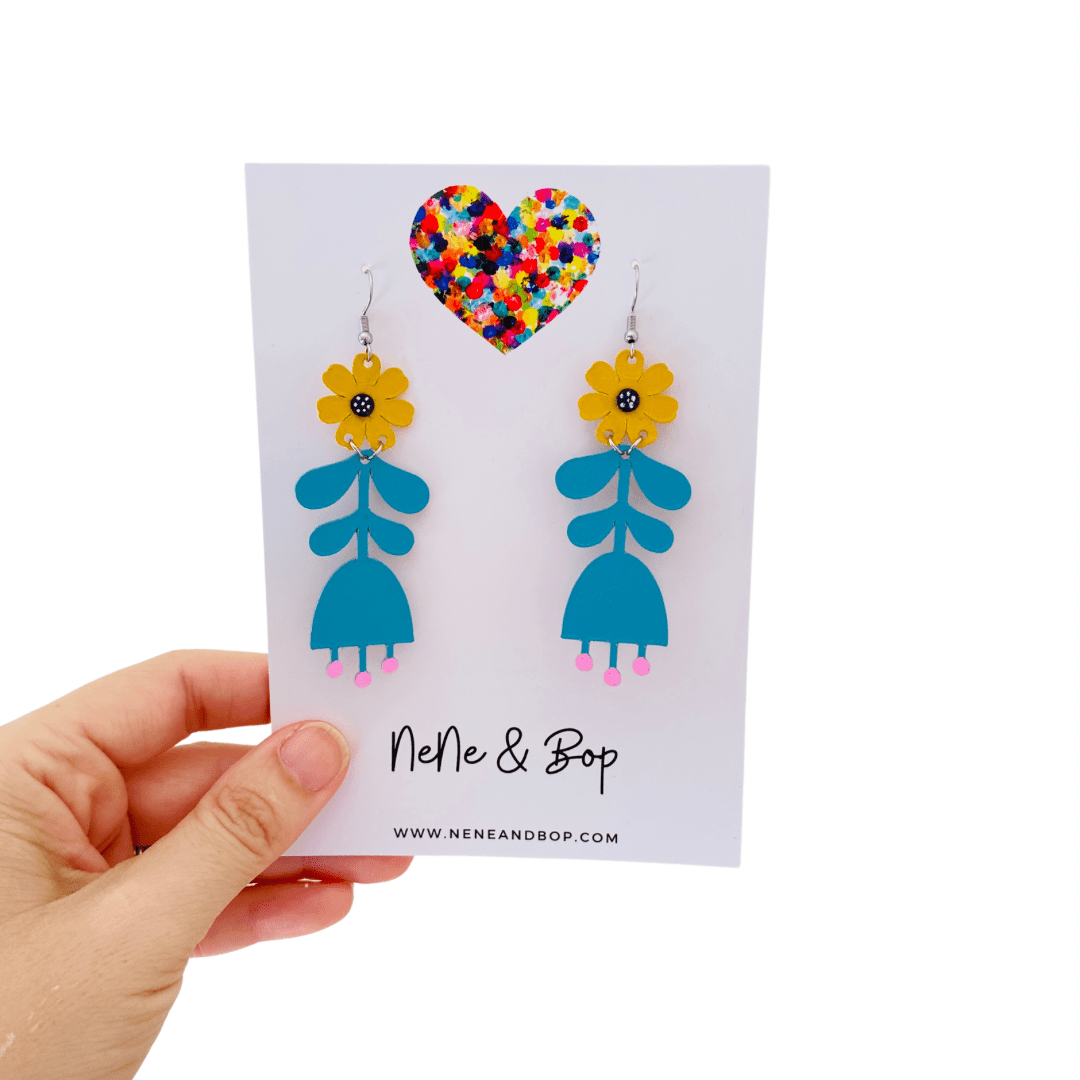 Flower Girls - Blue/Mustard Leather Earrings