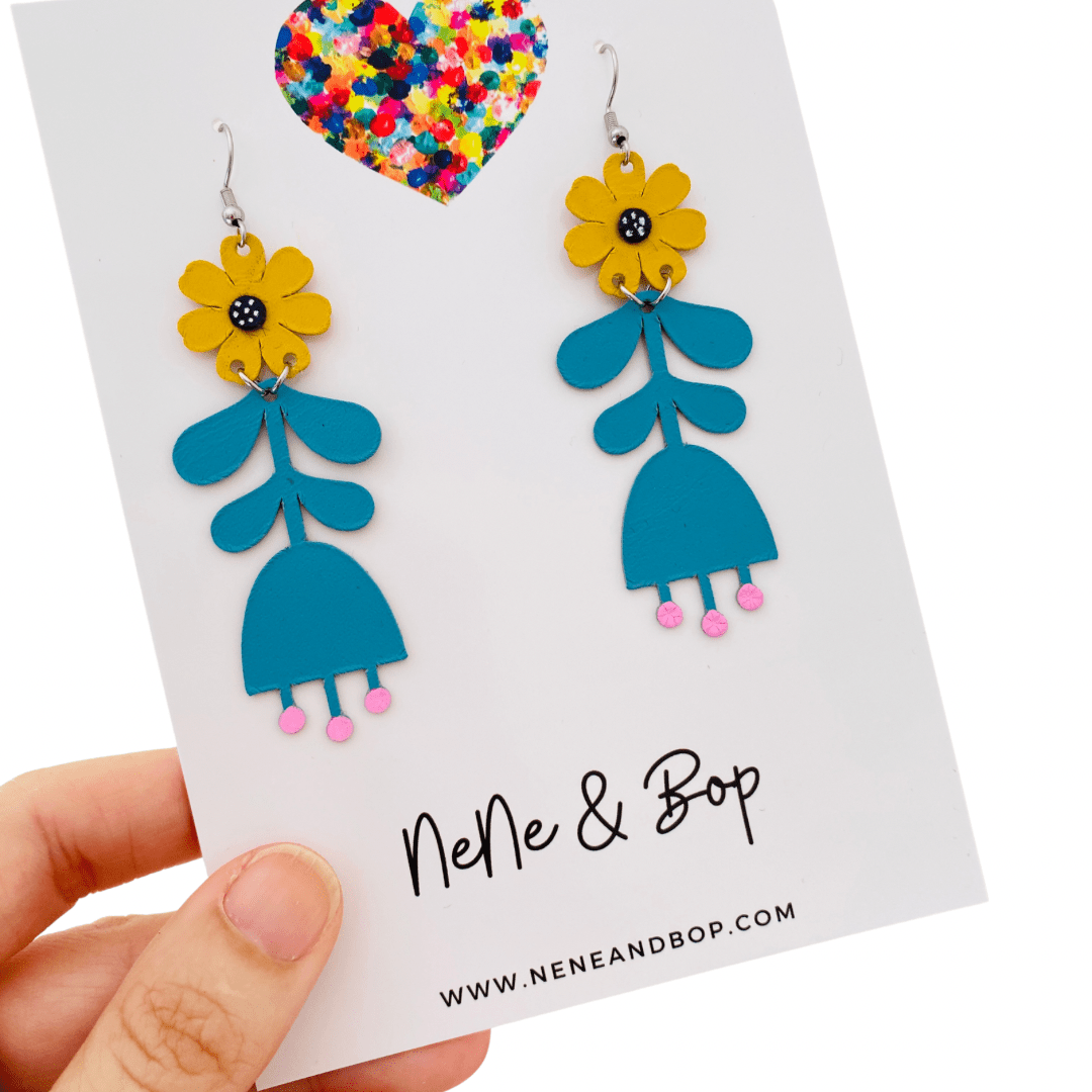 Flower Girls - Blue/Mustard Leather Earrings