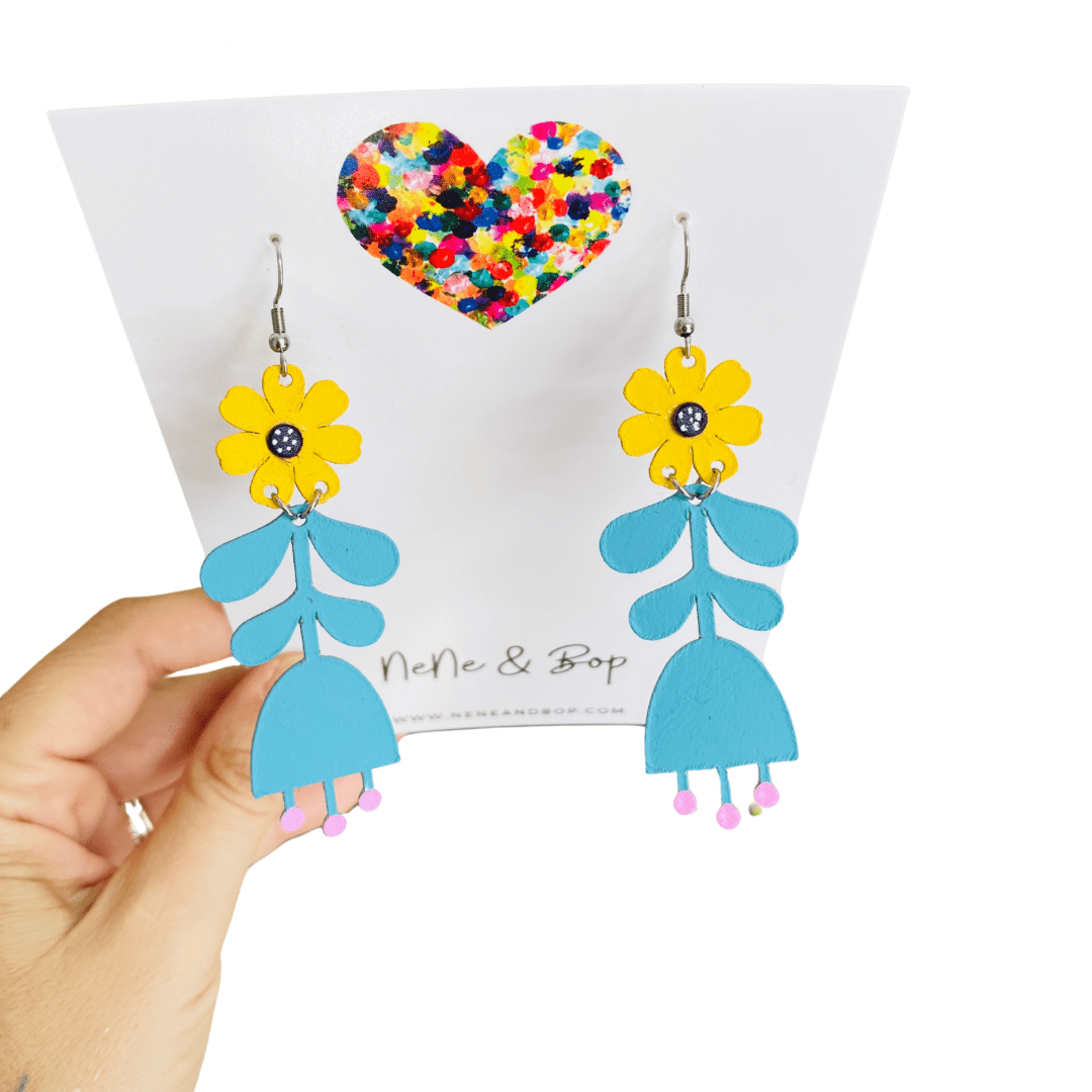 Flower Girls - Blue/Mustard Leather Earrings