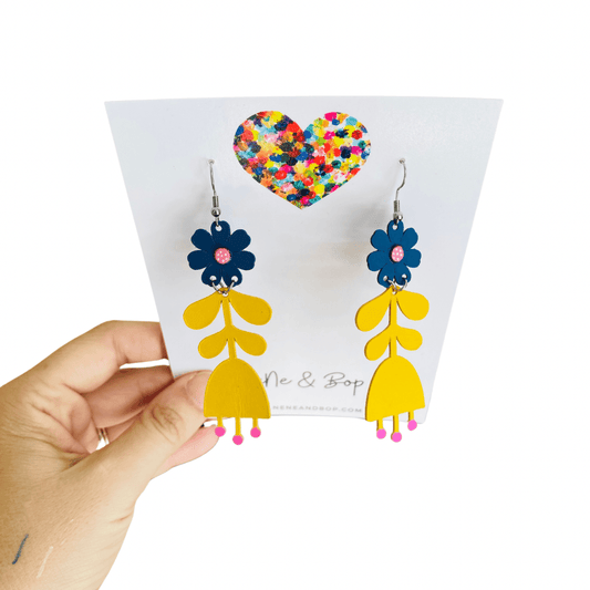 Flower Girls - Mustard/Navy Leather Earrings