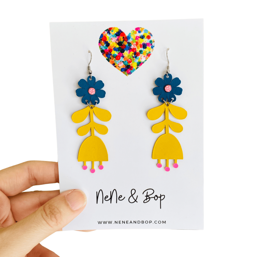 Flower Girls - Mustard/Navy Leather Earrings