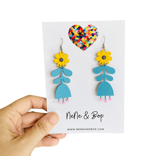 Flower Girls - Blue/Mustard Leather Earrings