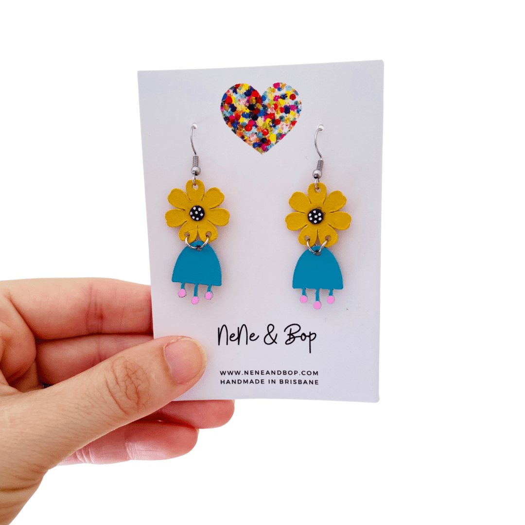 Flower Girls Mini - Blue/Mustard Leather Earrings