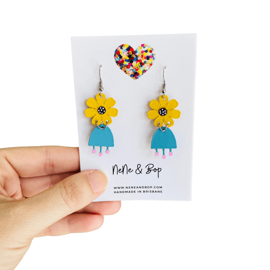 Flower Girls Mini - Blue/Mustard Leather Earrings