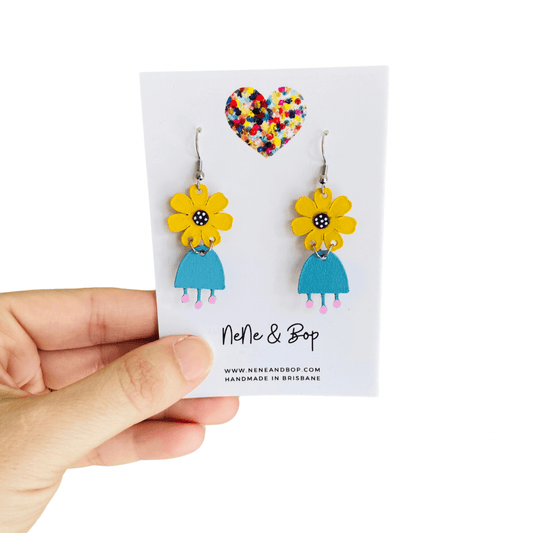 Flower Girls Mini - Blue/Mustard Leather Earrings