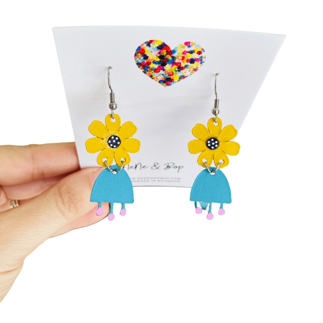 Flower Girls Mini - Blue/Mustard Leather Earrings