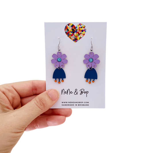 Flower Girls Mini - Navy/Lilac Leather Earrings
