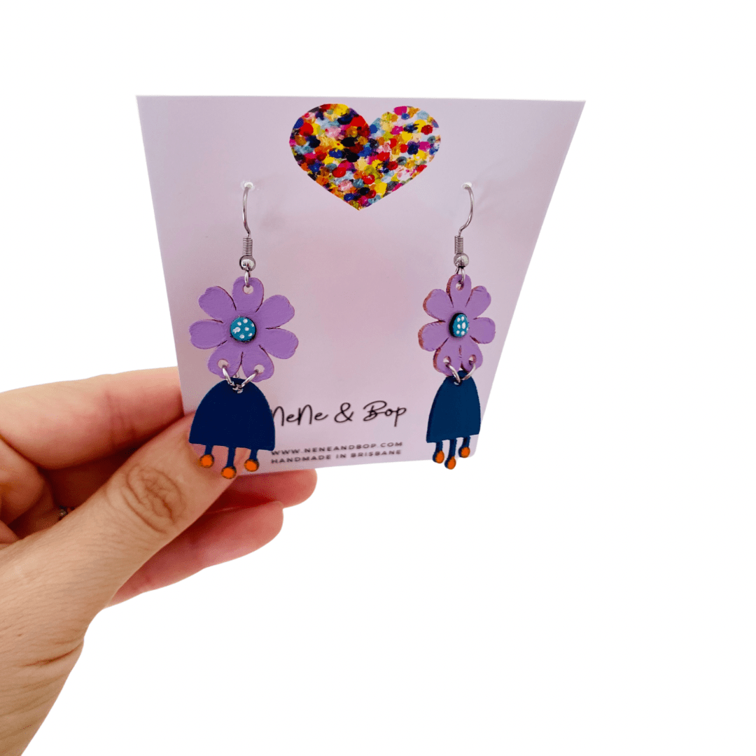 Flower Girls Mini - Navy/Lilac Leather Earrings