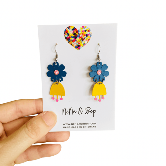 Flower Girls Mini - Blue/Mustard Leather Earrings