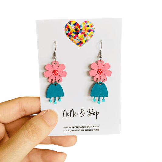 Flower Girls Mini - Forest/Pink Leather Earrings