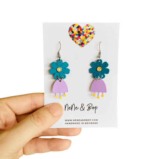 Flower Girls Mini - Lilac/Forest Leather Earrings