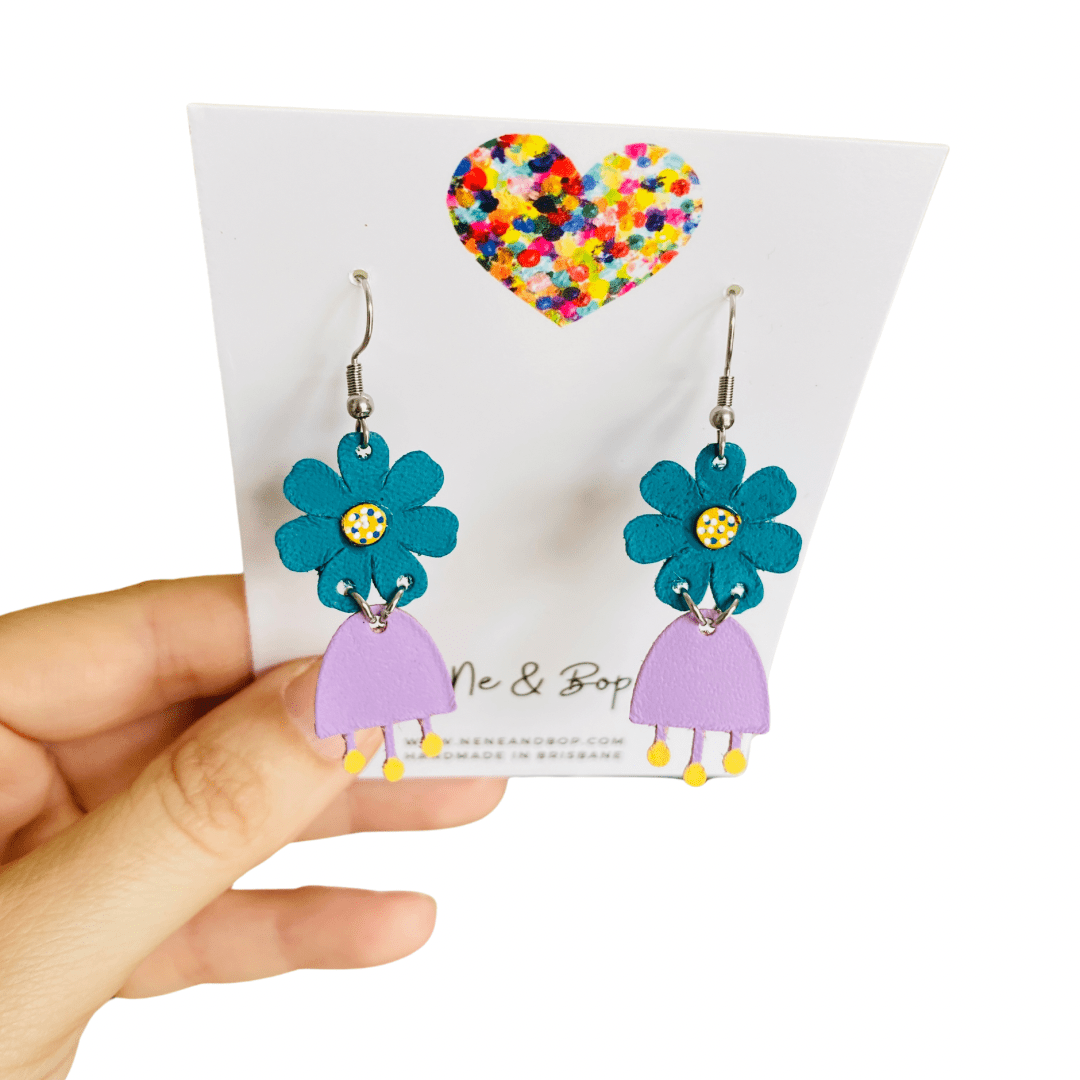 Flower Girls Mini - Lilac/Forest Leather Earrings