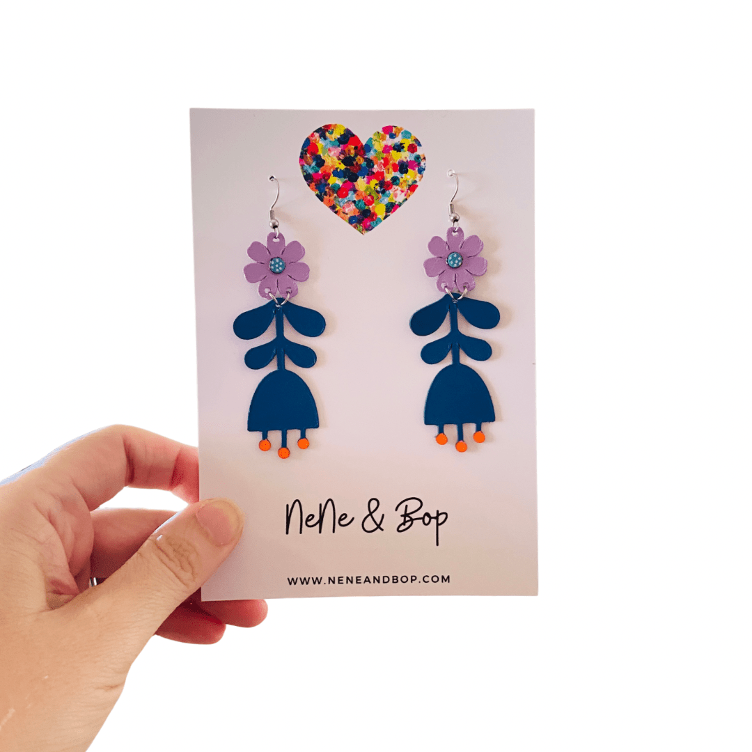 Flower Girls - Navy/Lilac Leather Earrings
