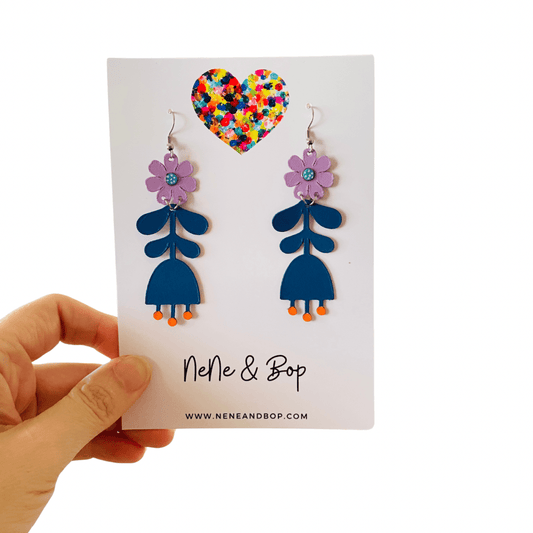 Flower Girls - Navy/Lilac Leather Earrings