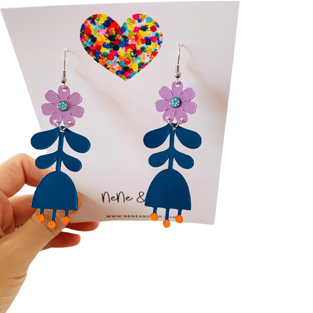 Flower Girls - Navy/Lilac Leather Earrings
