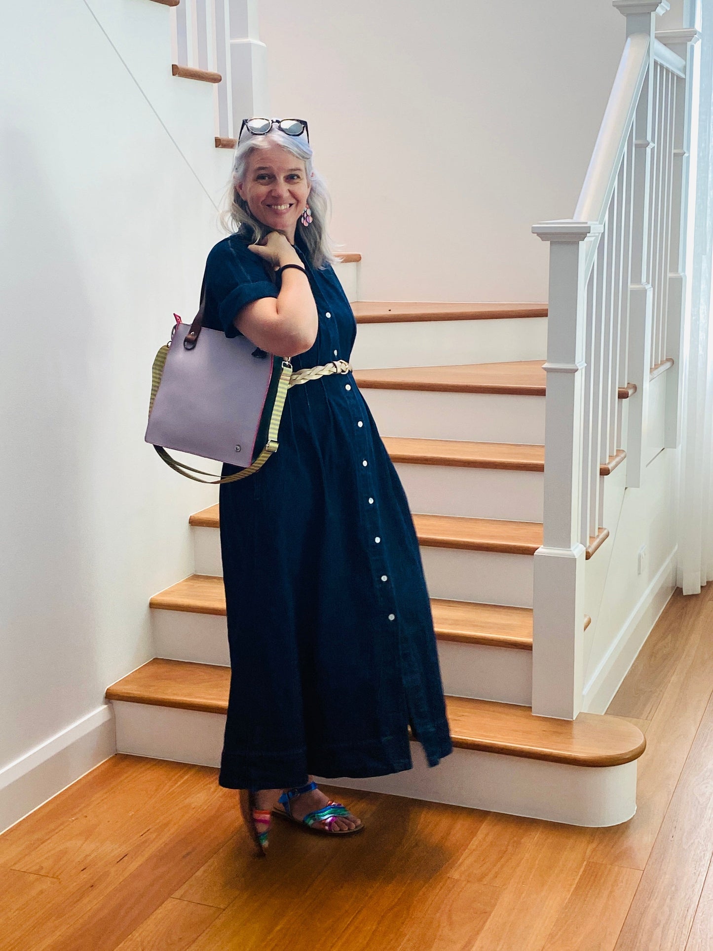 The Everyday Zipper Leather Tote - Lilac/Bottle Green