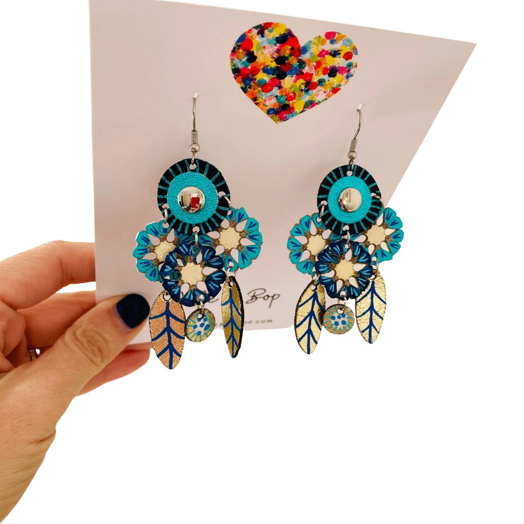 Dream Catcher Dahlias - Blue - Leather Earrings