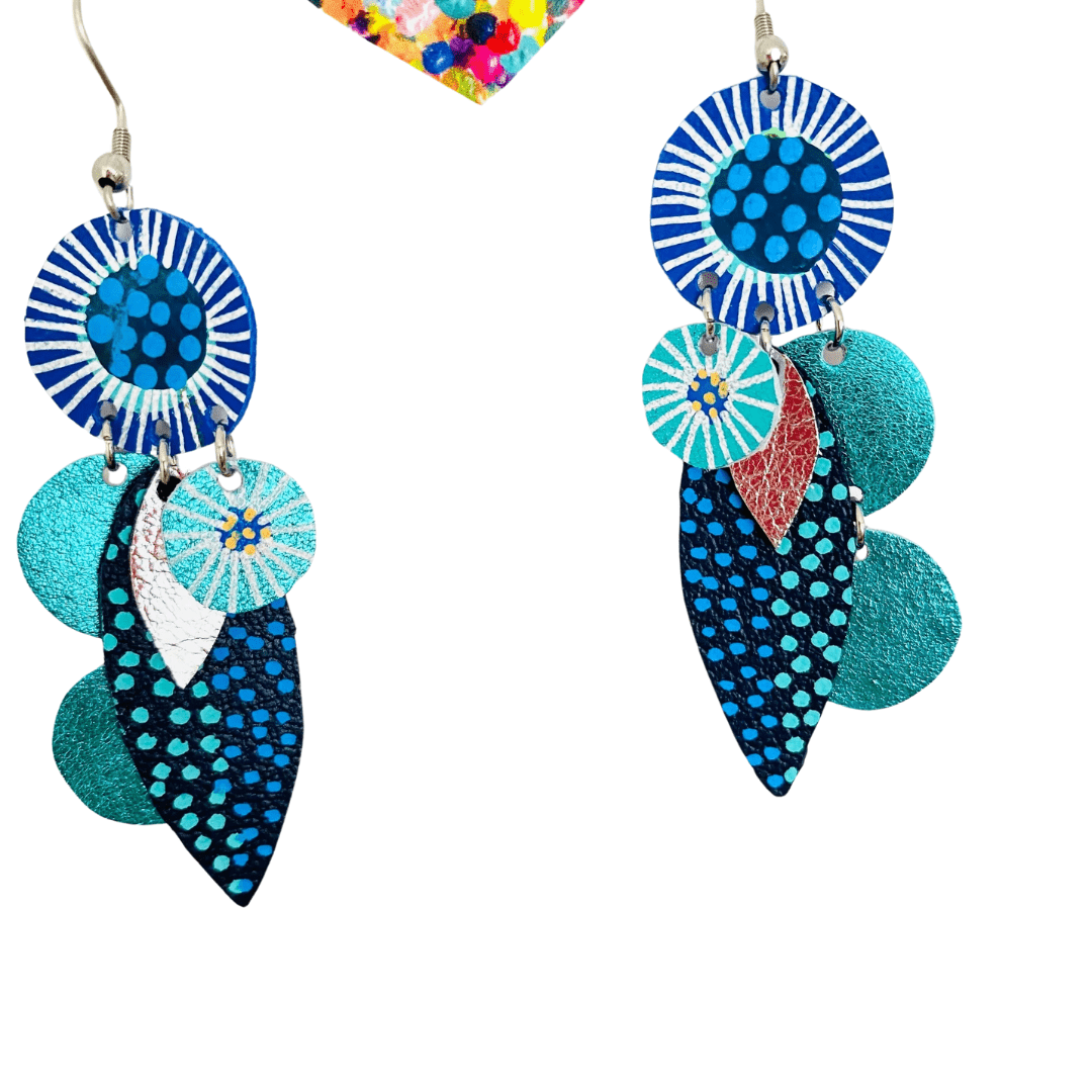 Bud Two Drops - Blue/Silver/Aqua- Leather Earrings