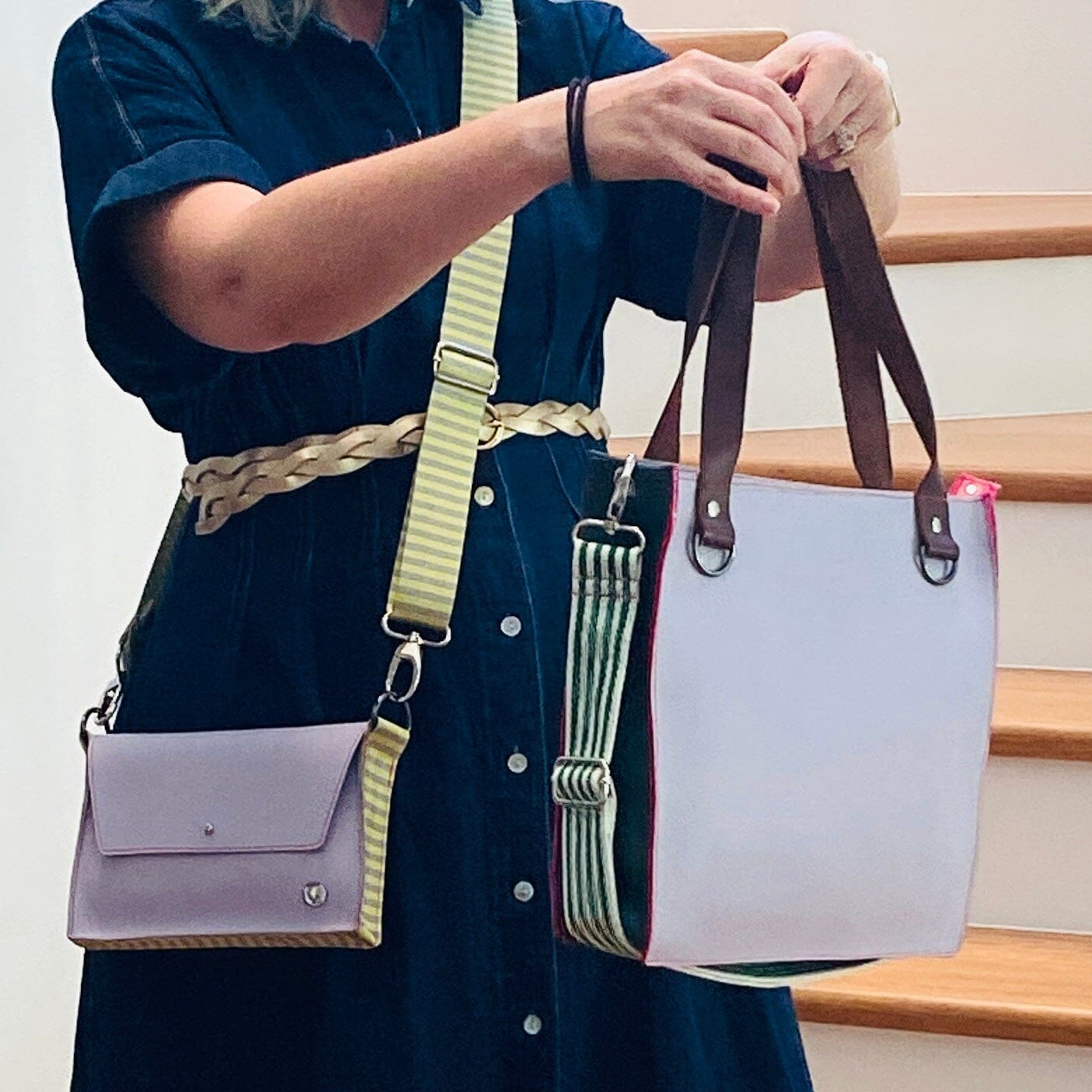 ALLY Mini - 4 in 1 Leather Bag - Lilac/Lemon Stripe