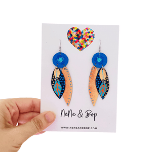 Bud and Leaves - Blue/Rose Gold - Leather Earrings
