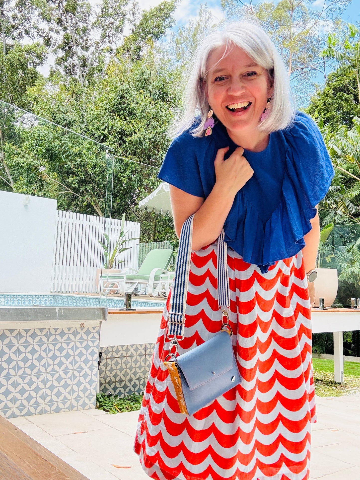 ALLY Mini - 4 in 1 Leather Bag - Pebble Blue/Mustard Cat