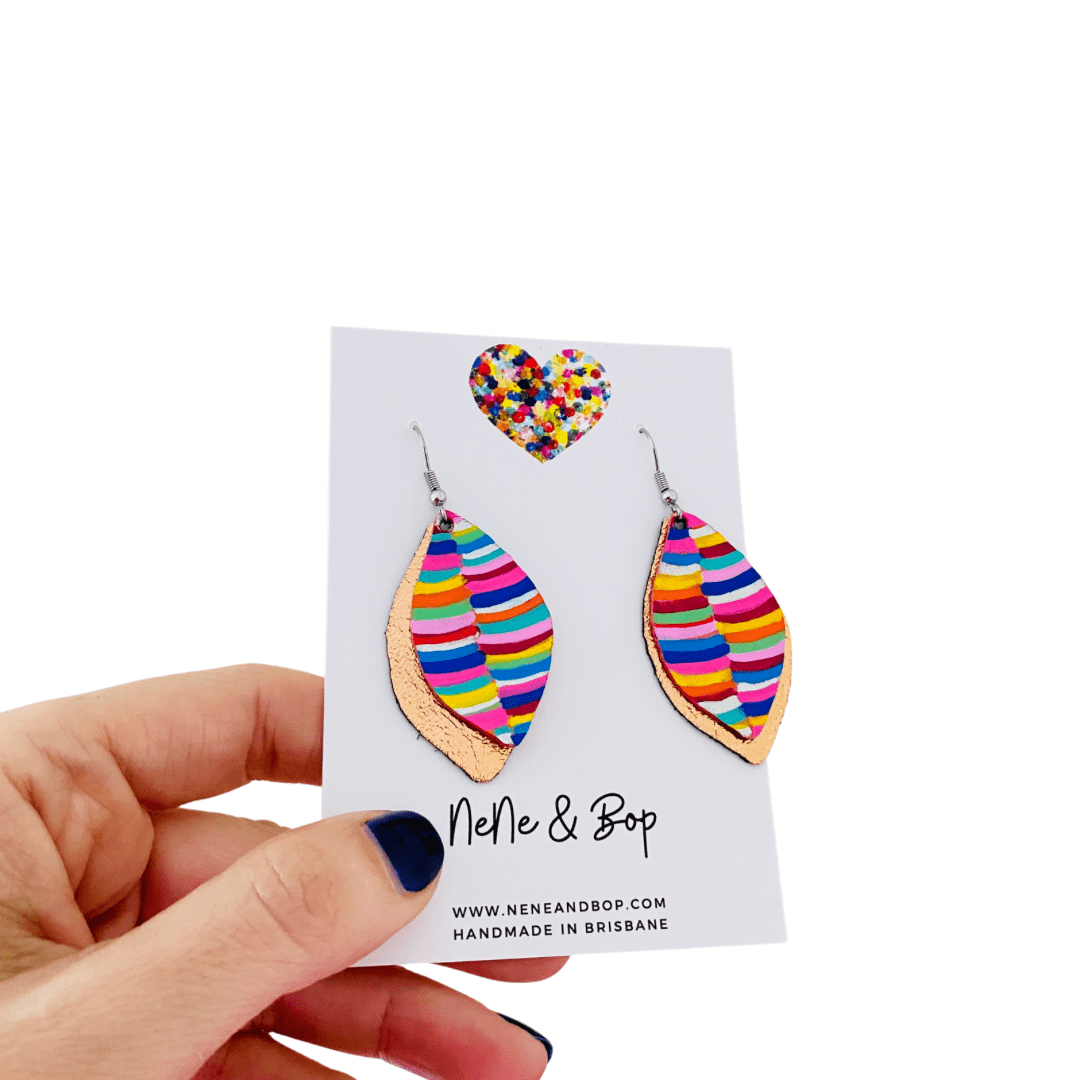 Leaf Rainbow Stripes Hand Painted Earrings - Various sizes