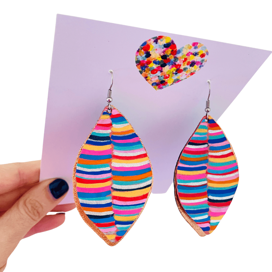 Leaf Rainbow Stripes Hand Painted Earrings - Various sizes