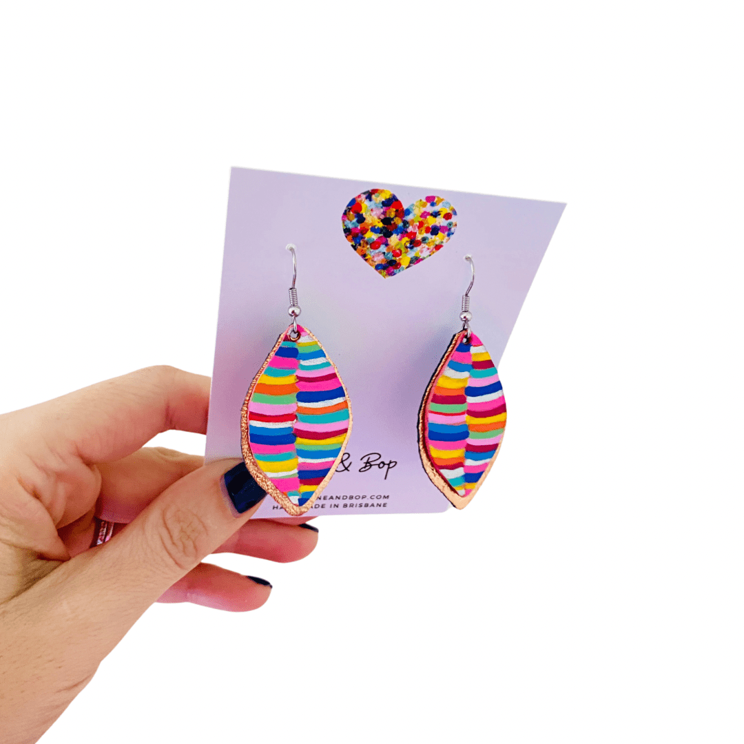 Leaf Rainbow Stripes Hand Painted Earrings - Various sizes