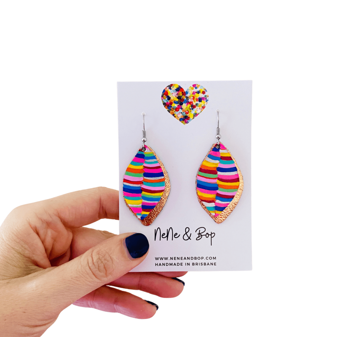 Leaf Rainbow Stripes Hand Painted Earrings - Various sizes