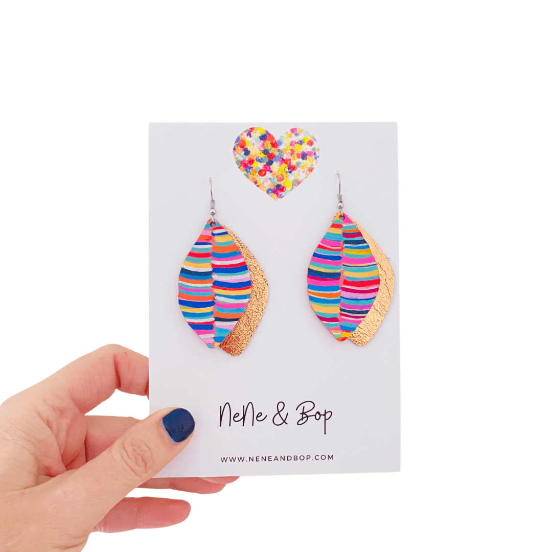 Leaf Rainbow Stripes Hand Painted Earrings - Various sizes