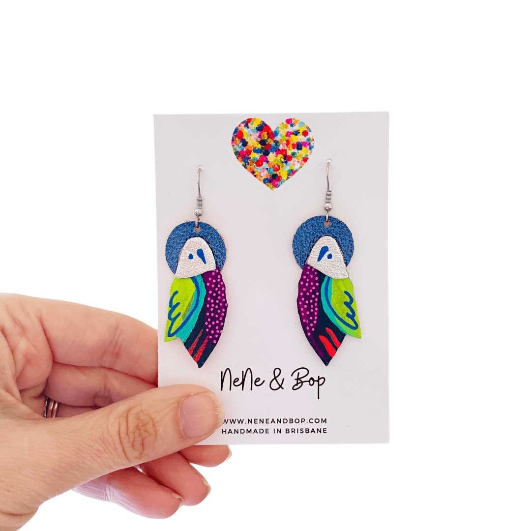 Flock Silver Navy - Various Designs - Hand Painted Leather Earrings